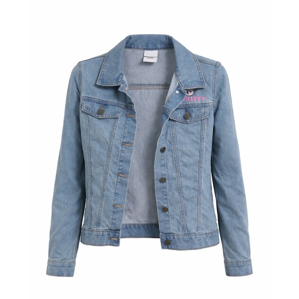 Sanrio‎ Girls Hello Kitty Graphic Jean Jacket XL 14-16 Light Wash Denim Blue